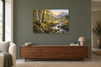Birch Morning — horizontal canvas in a living room, full original artwork