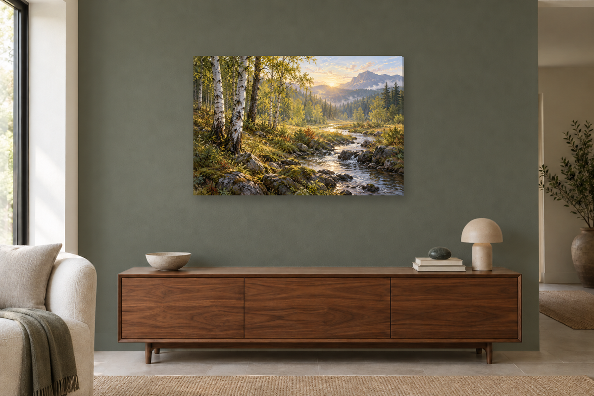 Birch Morning — horizontal canvas in a living room, full original artwork