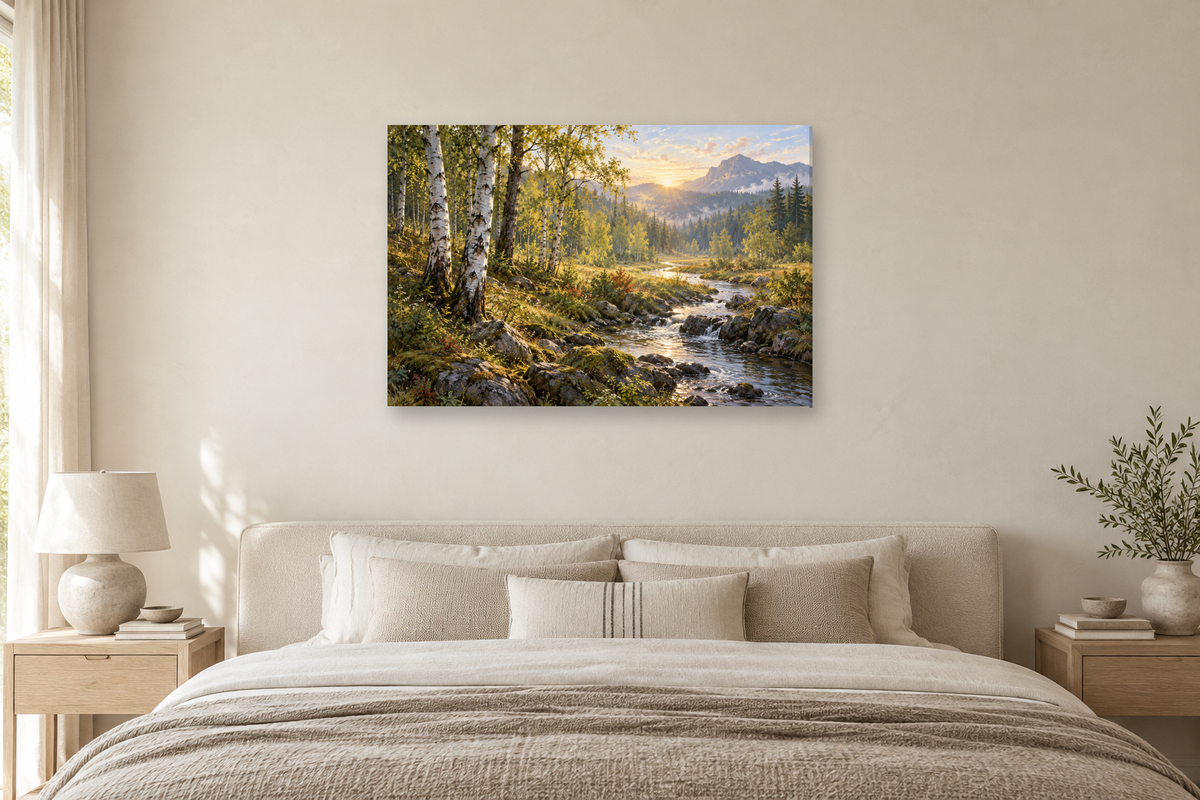 Birch Morning — horizontal canvas in a bedroom, full original artwork