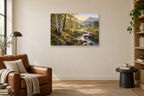 Birch Morning — horizontal canvas in a reading corner, full original artwork