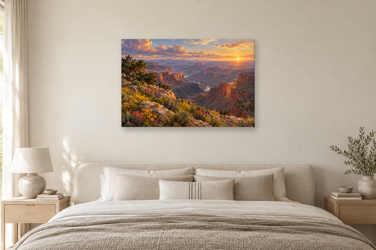 Canyon Glow — horizontal canvas in a bedroom, full original artwork