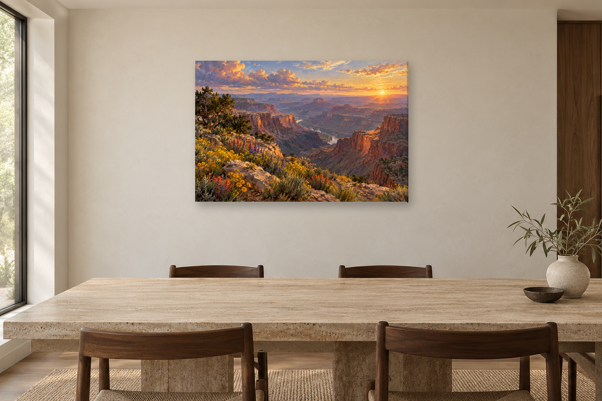 Canyon Glow — horizontal canvas in a dining room, full original artwork