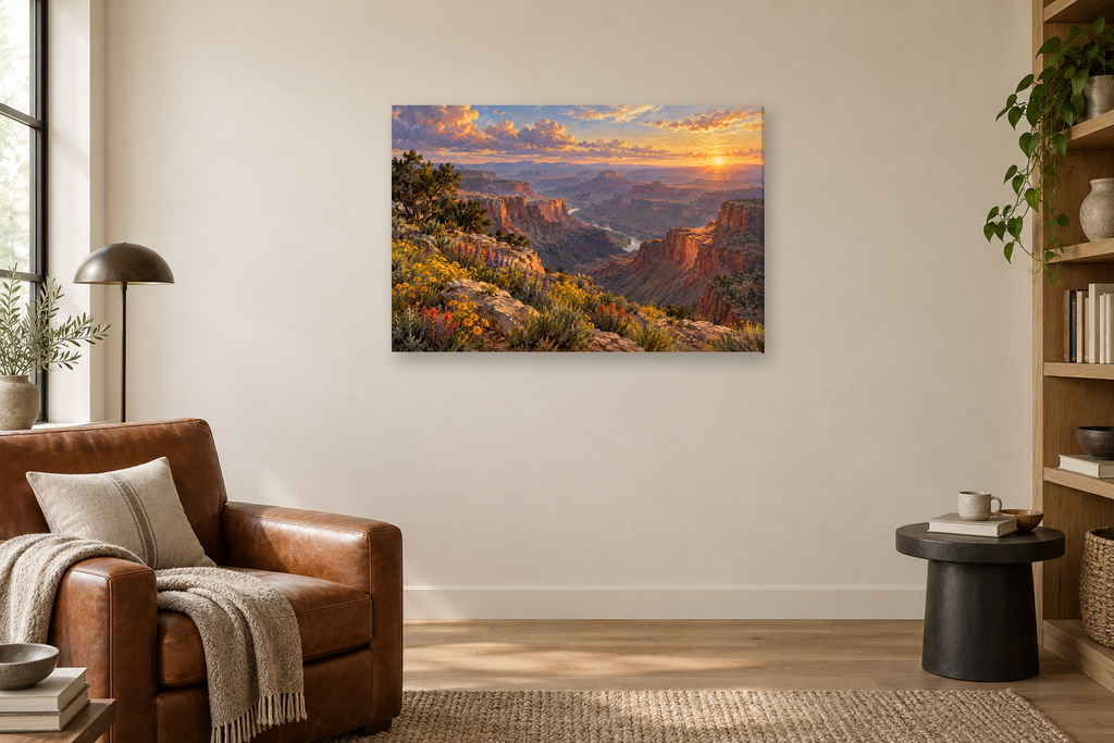Canyon Glow — horizontal canvas in a reading corner, full original artwork