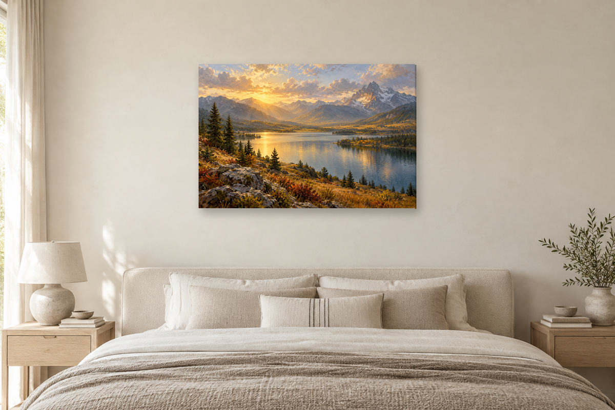 Cedar Lake — horizontal canvas in a bedroom, full original artwork
