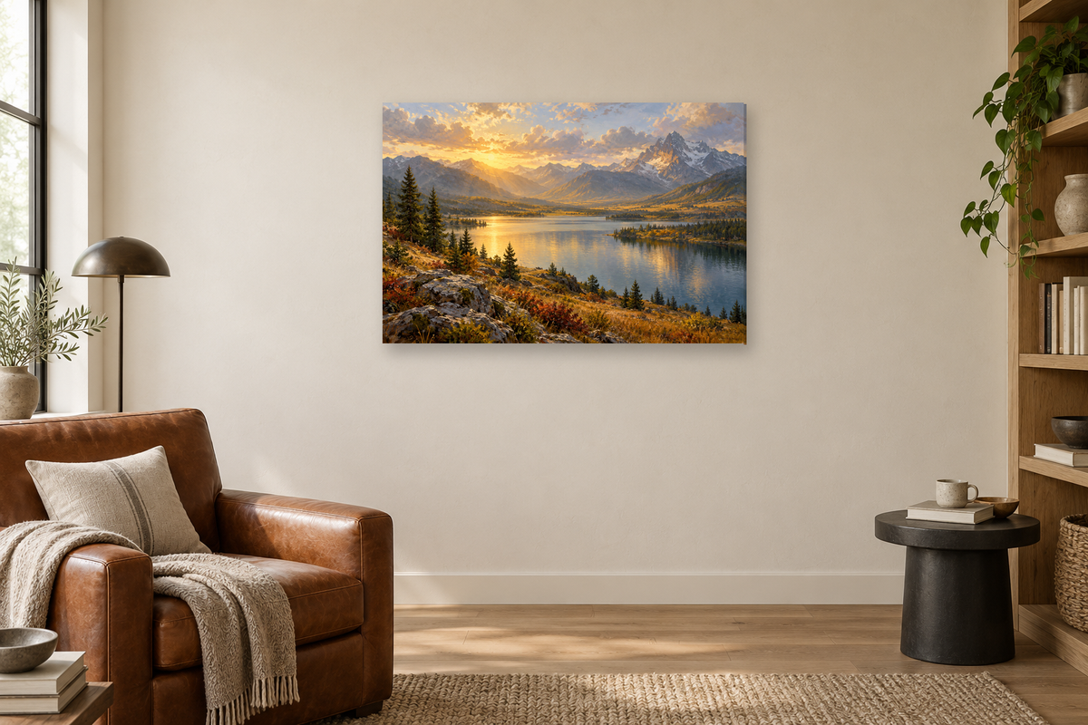 Cedar Lake — horizontal canvas in a reading corner, full original artwork