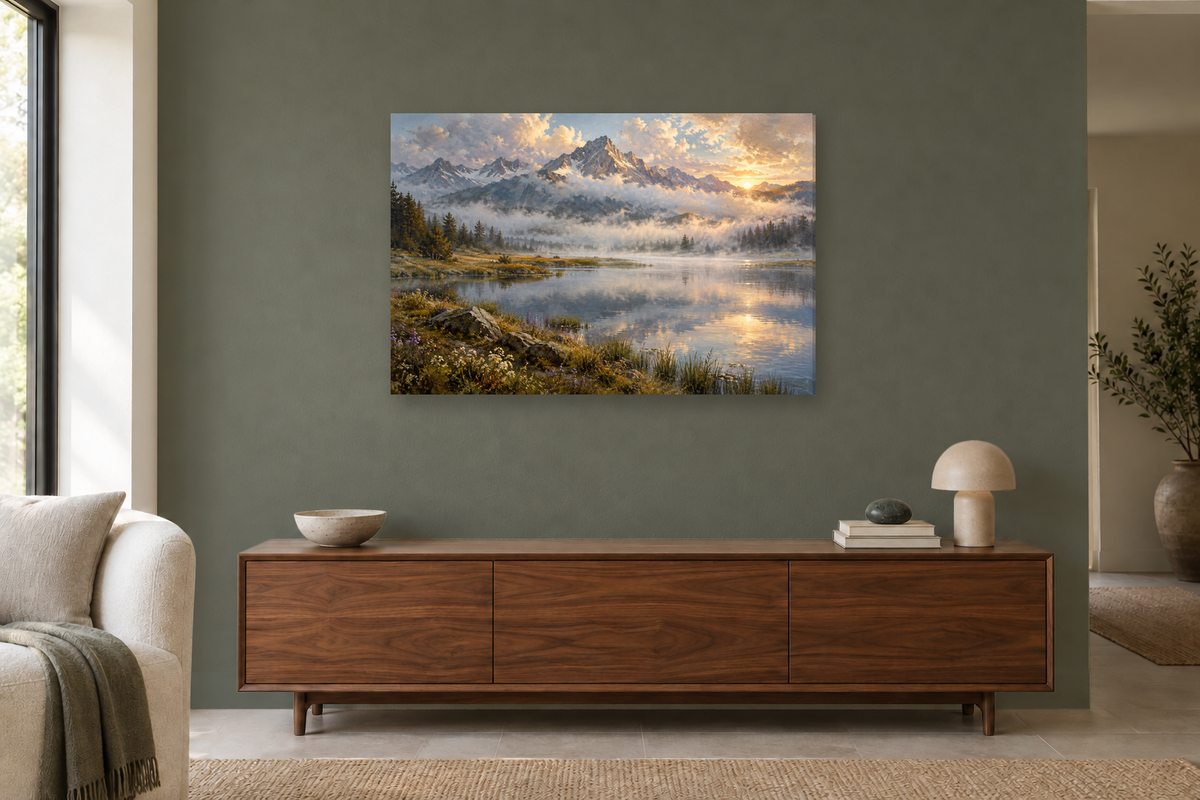 Cloud Meadow — horizontal canvas in a living room, full original artwork