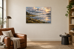 Cloud Meadow — horizontal canvas in a reading corner, full original artwork