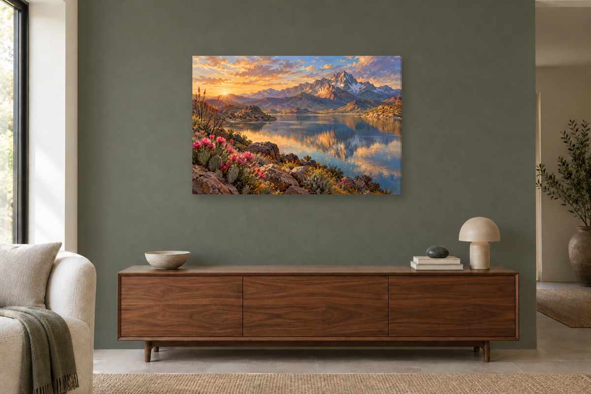 Desert Bloom — horizontal canvas in a living room, full original artwork