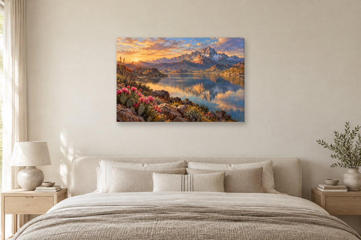 Desert Bloom — horizontal canvas in a bedroom, full original artwork
