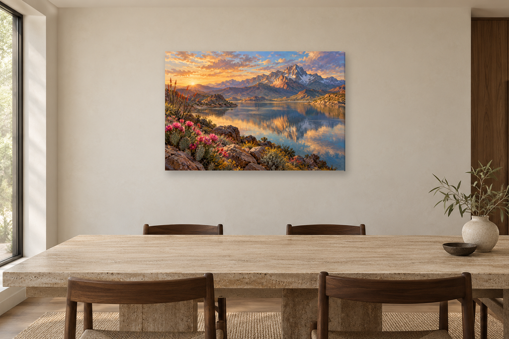 Desert Bloom — horizontal canvas in a dining room, full original artwork