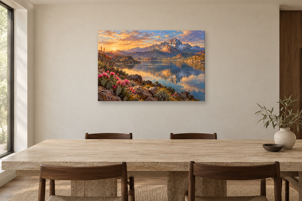 Desert Bloom — horizontal canvas in a dining room, full original artwork