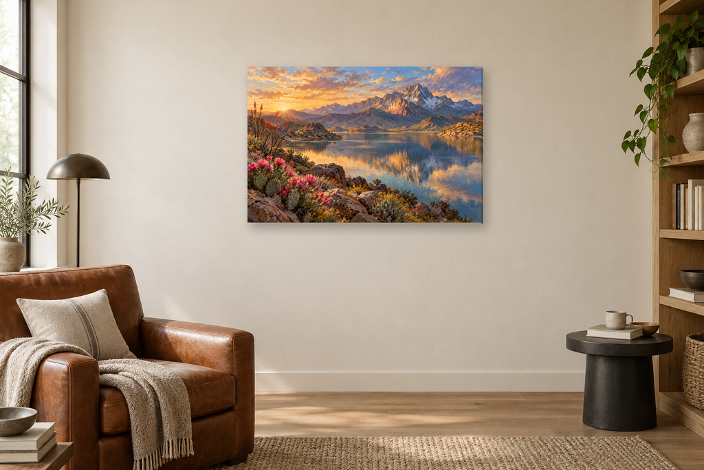 Desert Bloom — horizontal canvas in a reading corner, full original artwork