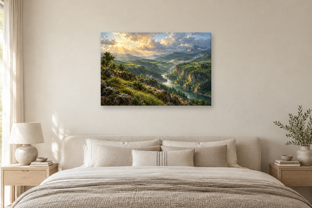Emerald Gorge — horizontal canvas in a bedroom, full original artwork