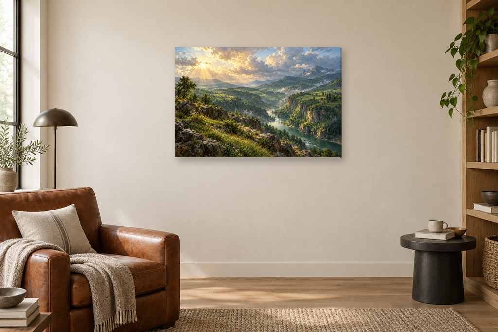 Emerald Gorge — horizontal canvas in a reading corner, full original artwork