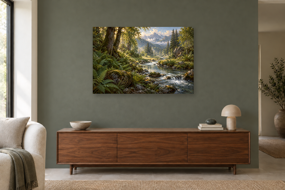 Fern River — horizontal canvas in a living room, full original artwork