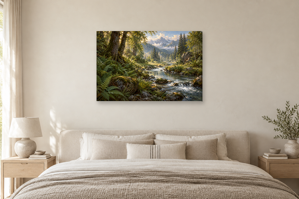 Fern River — horizontal canvas in a bedroom, full original artwork