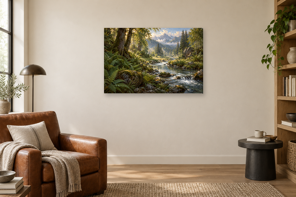 Fern River — horizontal canvas in a reading corner, full original artwork