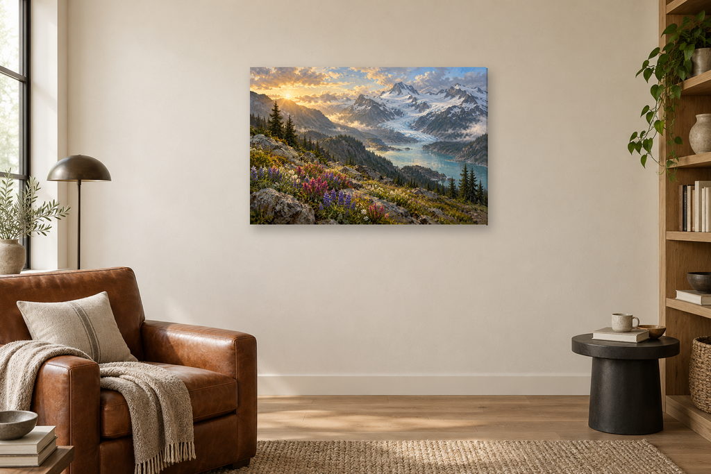 Glacier Light — horizontal canvas in a reading corner, full original artwork
