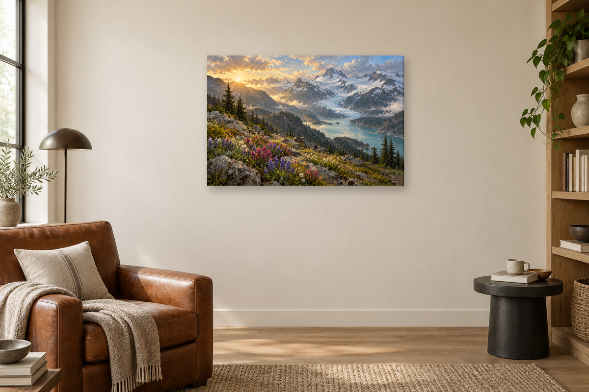 Glacier Light — horizontal canvas in a reading corner, full original artwork
