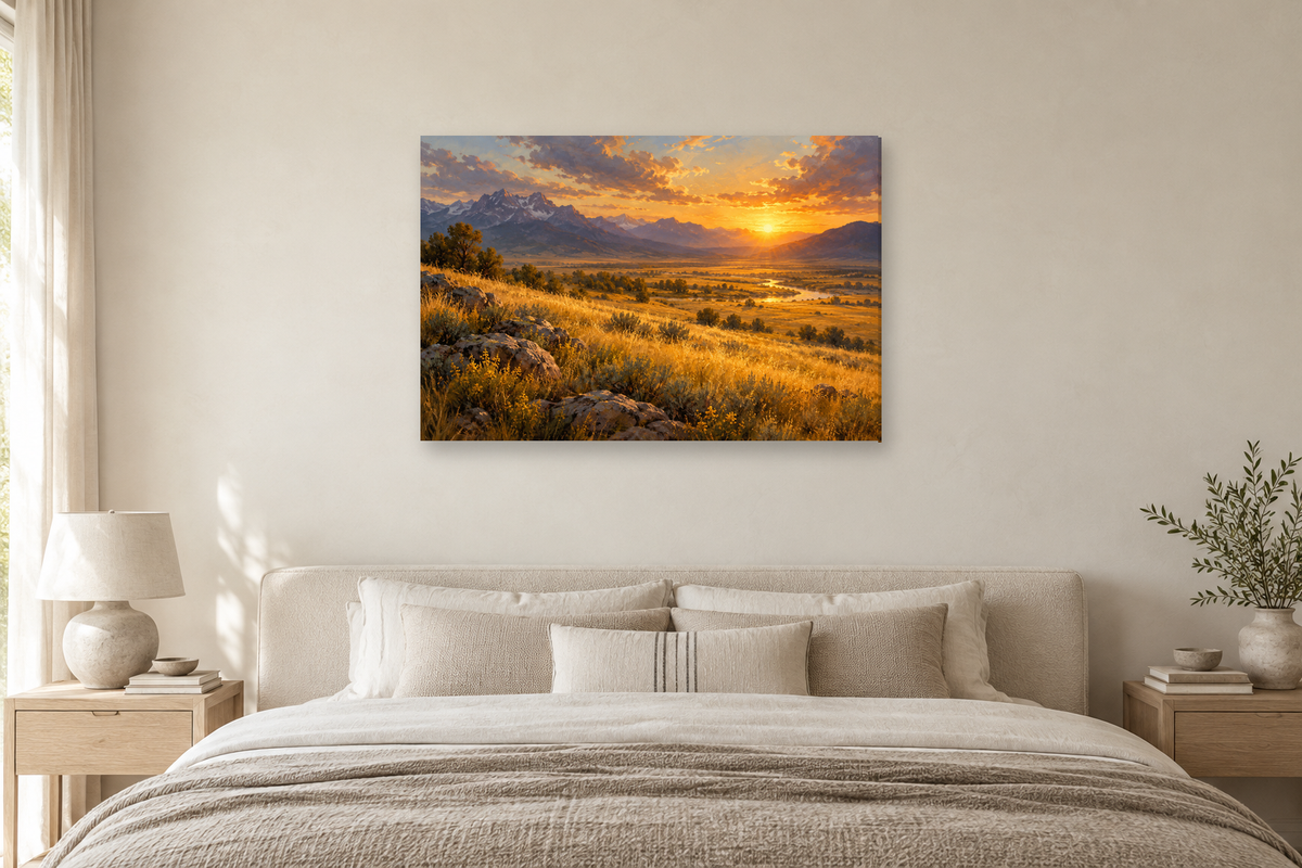 Golden Prairie — horizontal canvas in a bedroom, full original artwork