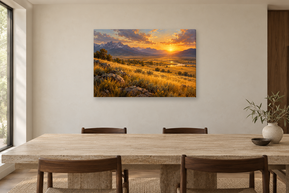 Golden Prairie — horizontal canvas in a dining room, full original artwork