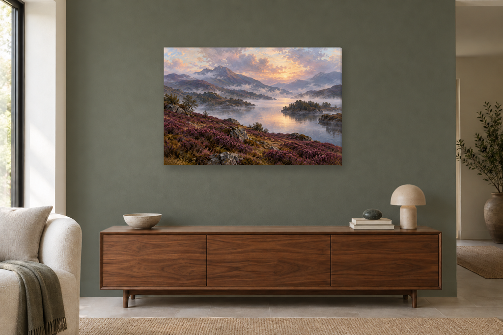 Heather Hills — horizontal canvas in a living room, full original artwork