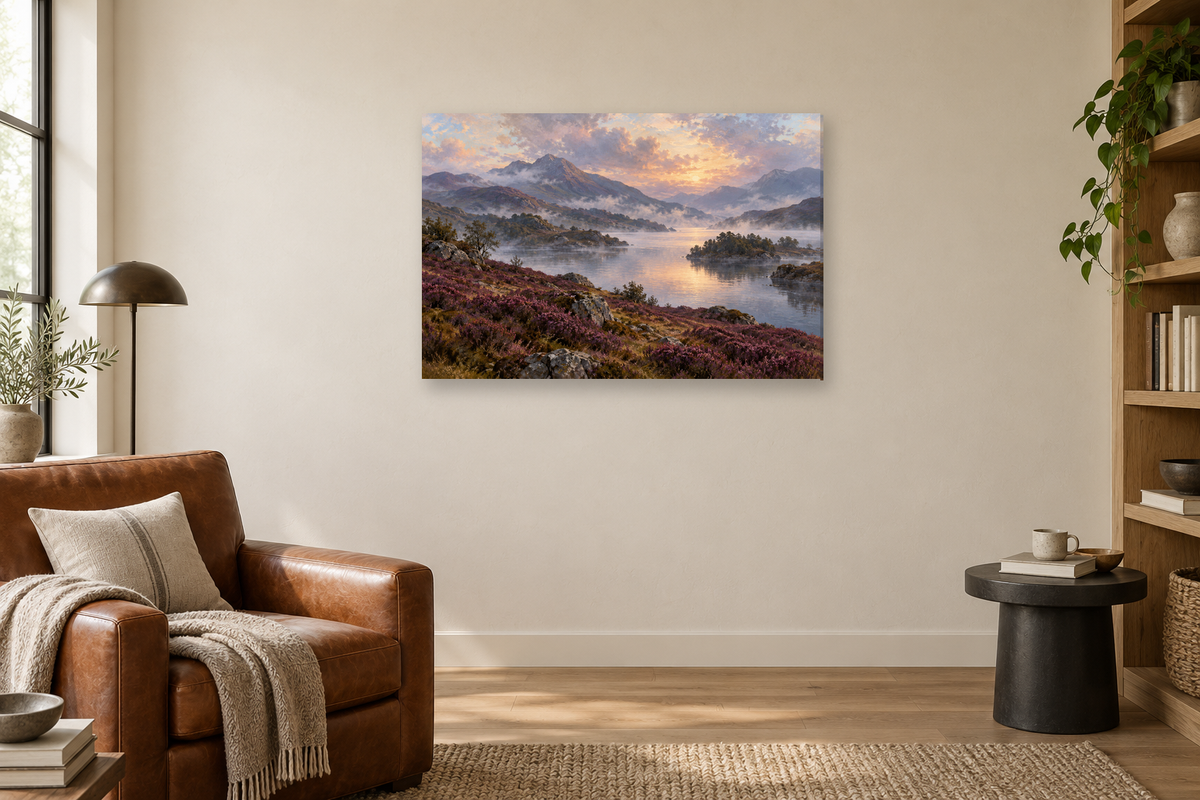Heather Hills — horizontal canvas in a reading corner, full original artwork