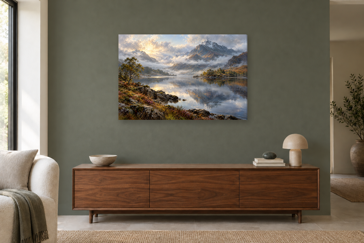Highland Mist — horizontal canvas in a living room, full original artwork