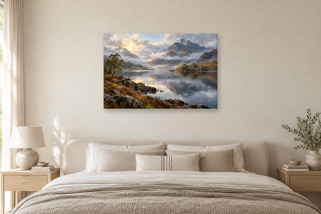Highland Mist — horizontal canvas in a bedroom, full original artwork