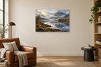 Highland Mist — horizontal canvas in a reading corner, full original artwork