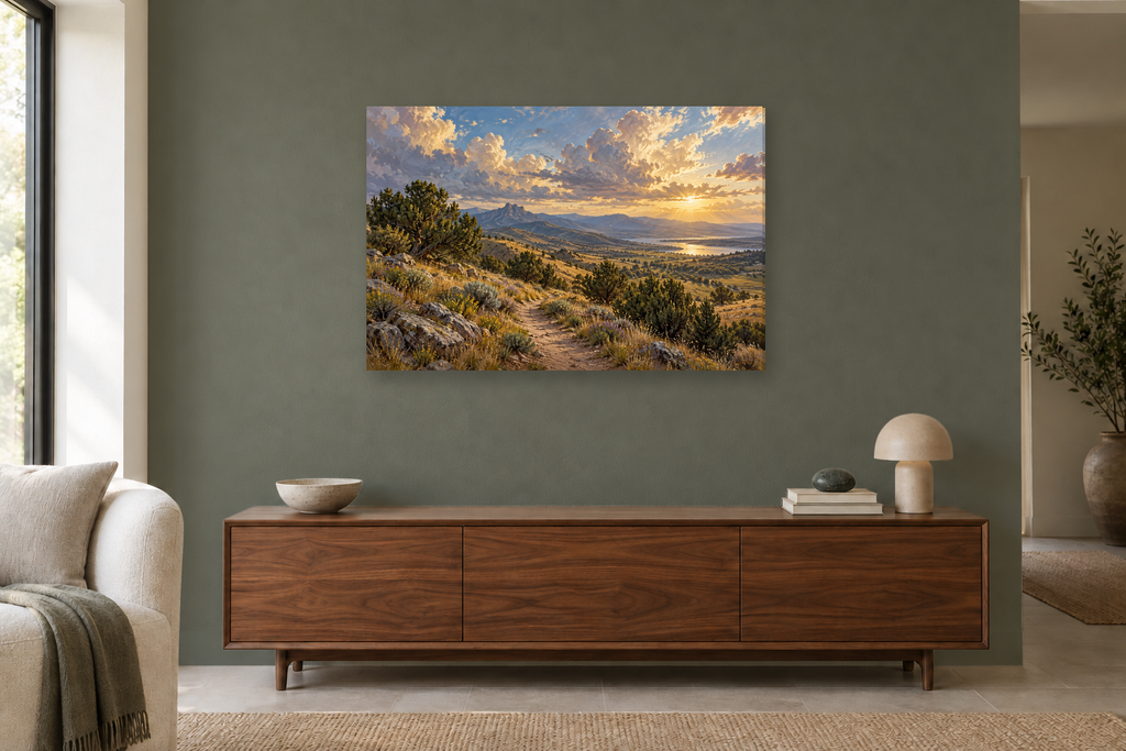 Juniper Trail — horizontal canvas in a living room, full original artwork