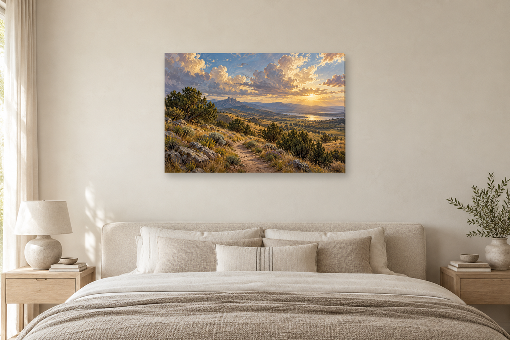 Juniper Trail — horizontal canvas in a bedroom, full original artwork
