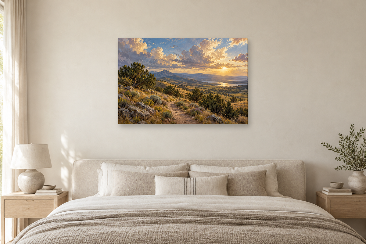 Juniper Trail — horizontal canvas in a bedroom, full original artwork