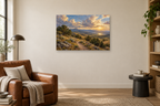 Juniper Trail — horizontal canvas in a reading corner, full original artwork