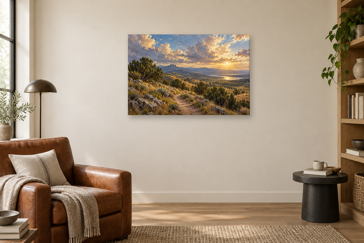 Juniper Trail — horizontal canvas in a reading corner, full original artwork