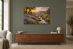 Lavender Fields — horizontal canvas in a living room, full original artwork