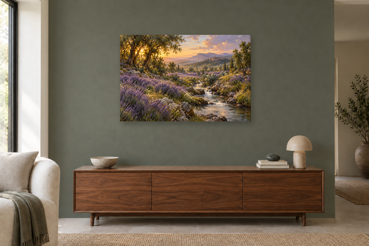 Lavender Fields — horizontal canvas in a living room, full original artwork