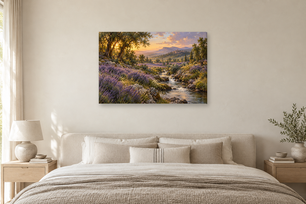 Lavender Fields — horizontal canvas in a bedroom, full original artwork