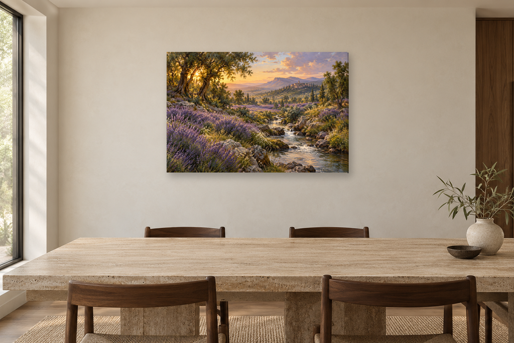 Lavender Fields — horizontal canvas in a dining room, full original artwork