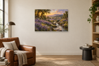 Lavender Fields — horizontal canvas in a reading corner, full original artwork