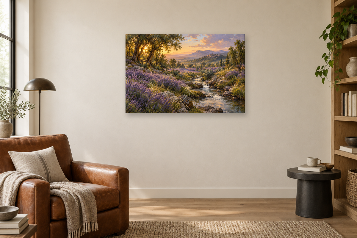 Lavender Fields — horizontal canvas in a reading corner, full original artwork