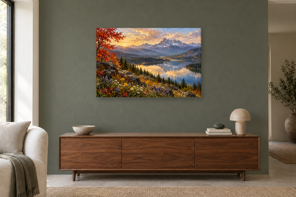 Maple Reflection — horizontal canvas in a living room, full original artwork