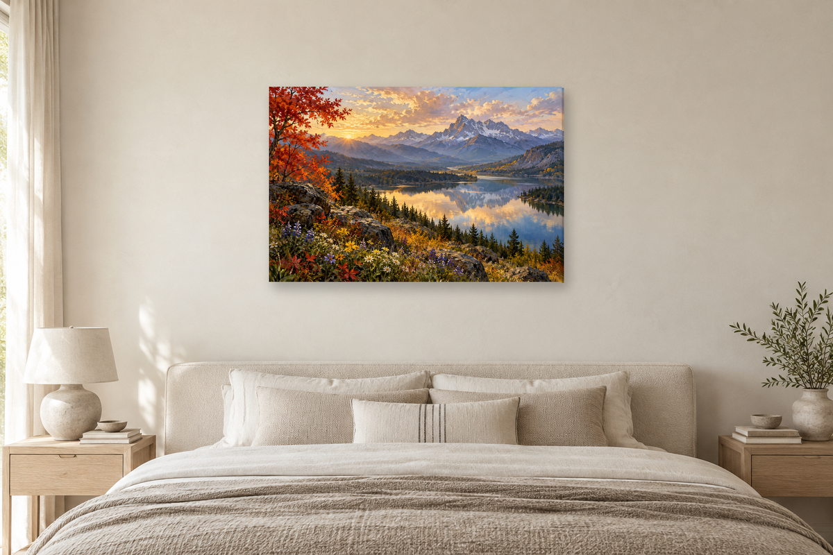 Maple Reflection — horizontal canvas in a bedroom, full original artwork