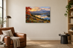 Maple Reflection — horizontal canvas in a reading corner, full original artwork