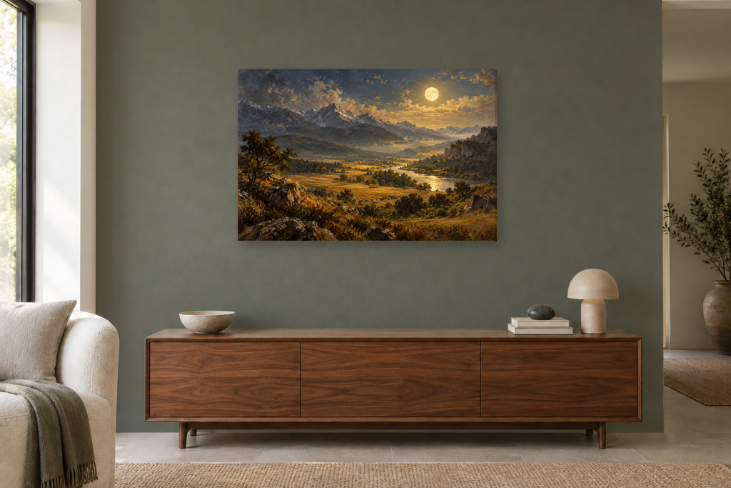 Moonlit Ridge — horizontal canvas in a living room, full original artwork