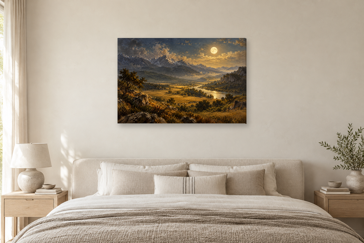 Moonlit Ridge — horizontal canvas in a bedroom, full original artwork