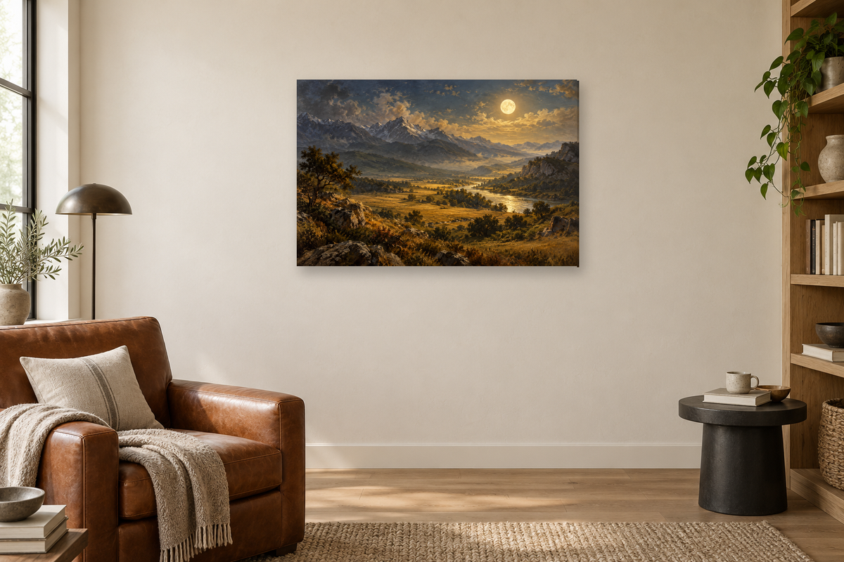 Moonlit Ridge — horizontal canvas in a reading corner, full original artwork