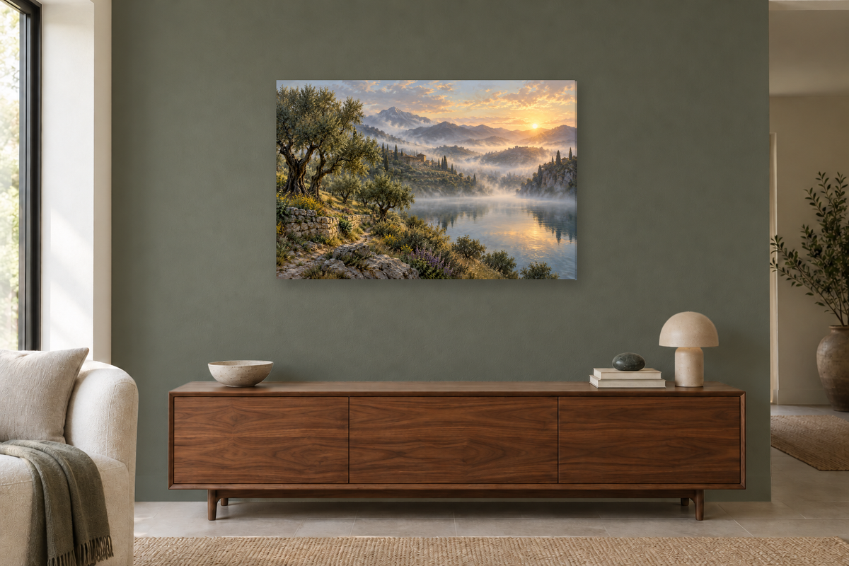 Olive Valley — horizontal canvas in a living room, full original artwork