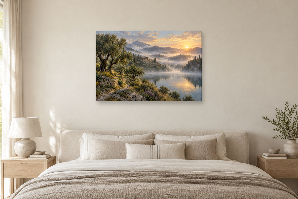 Olive Valley — horizontal canvas in a bedroom, full original artwork