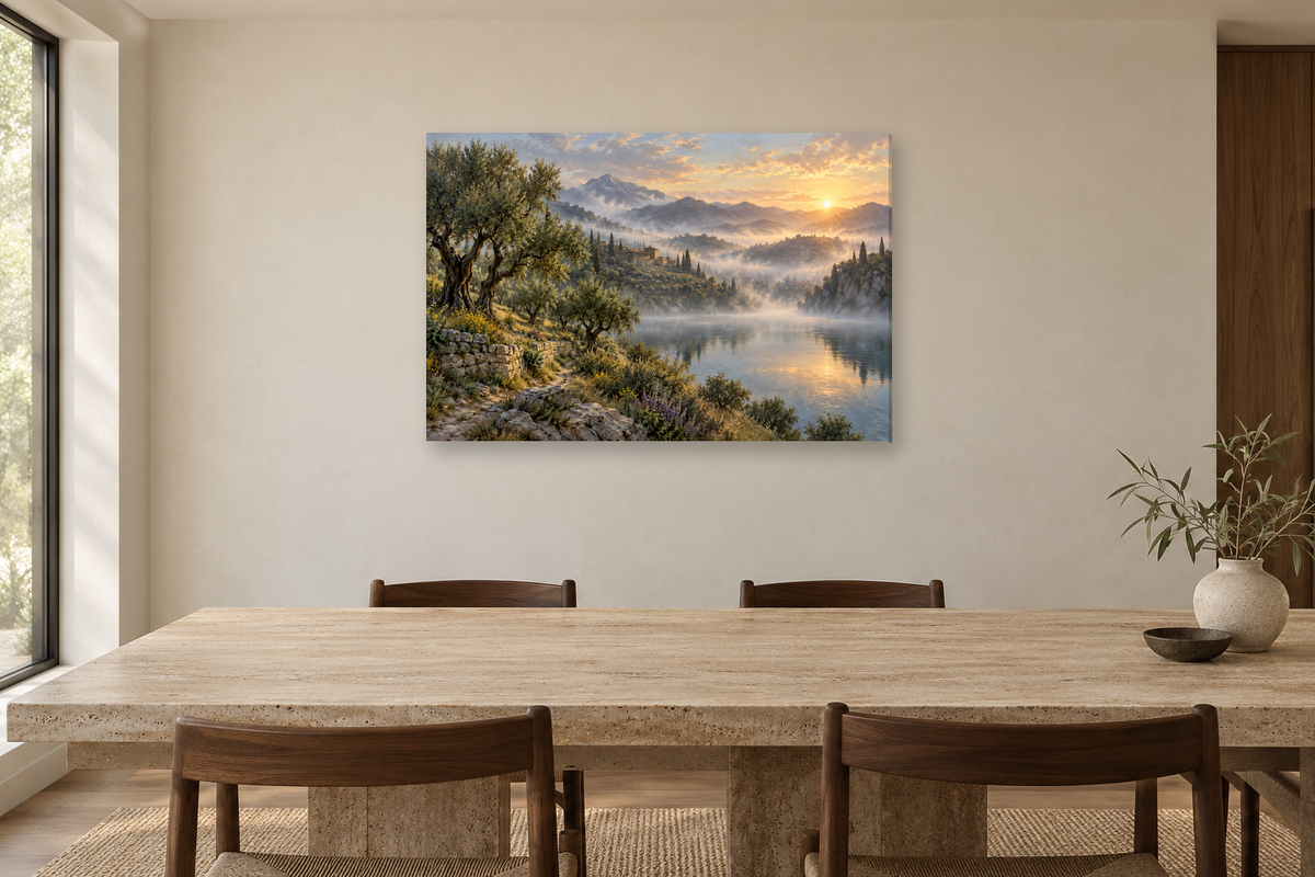 Olive Valley — horizontal canvas in a dining room, full original artwork